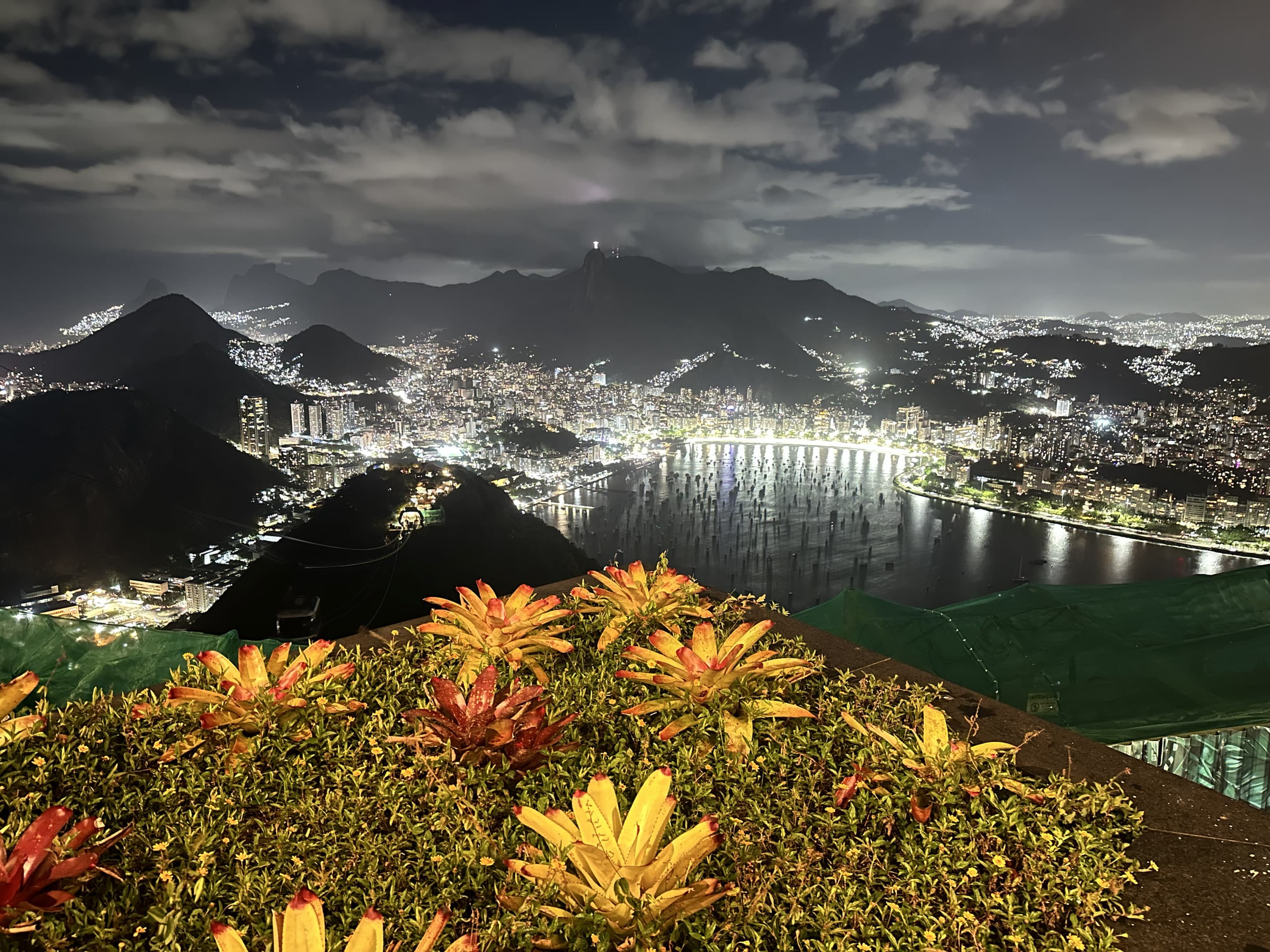 Rio de Janeiro glowing at night from a mountain viewpoint.